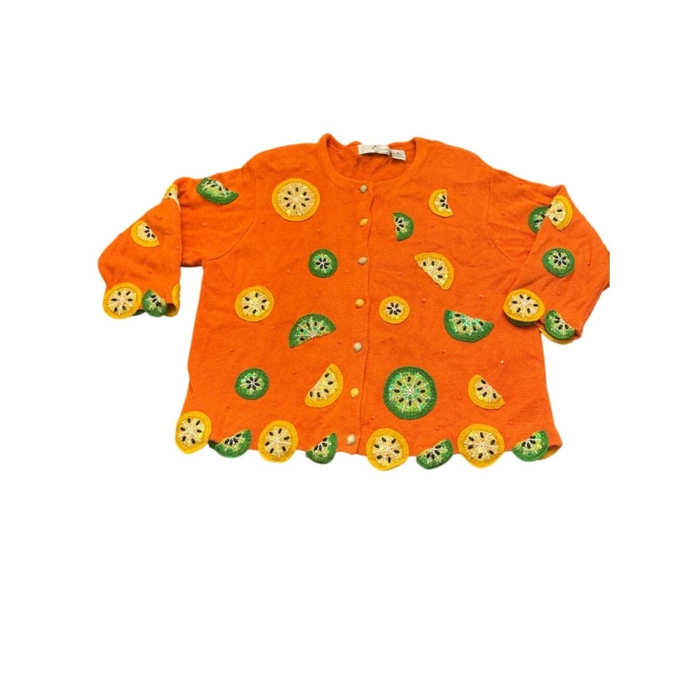 Design Options Womens Citrus Sweater Cardigan Lemon Lime Beaded Sequin Sz XL